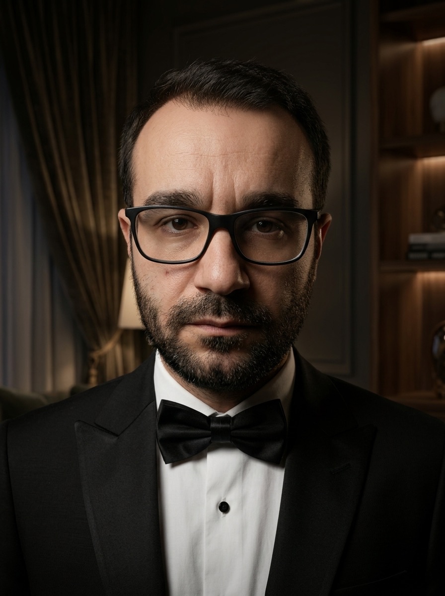 Doğuş Öztürk in a tuxedo, looking directly at the camera